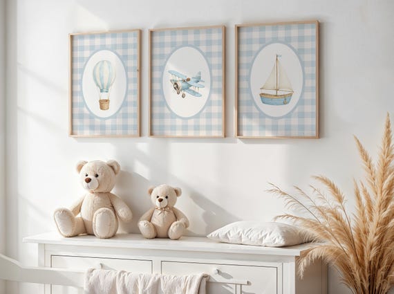 Nursery Wall Art Set of 3 | Hot Air Balloon Airplane Sailboat Prints | Blue Plaid Nursery Decor | Vintage Travel Nursery Art | Baby Boy Room