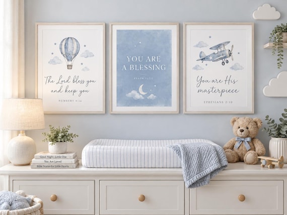 Christian Boy Nursery Wall Art Set of 3, Blue Bible Verse Prints
