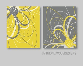 Dahlia Flower Art Prints, Yellow Gray Floral Wall Decor