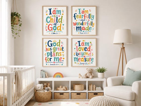 Christian Nursery Wall Art Set of 4, Colorful Bible Verse Prints, Kids Playroom Decor, Scripture Art, Christian Baby Room Decor