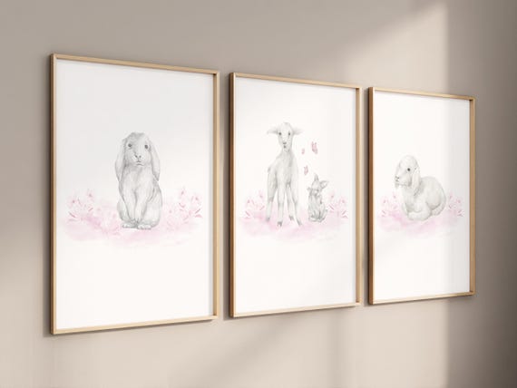 Lamb and Bunny Nursery Print Set of 3 for a Baby Girl Nursery Wall Decor, Lamb Nursery Prints, Bunny Nursery Prints, Animal Nursery Prints