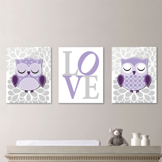 Whimsy Hoot Owl Love Trio - Decor Nursery. Girl. Lavender Purple and Light Gray. Owl Nursery Art. Owl Nursery Decor. Wall Art Decor. NS167