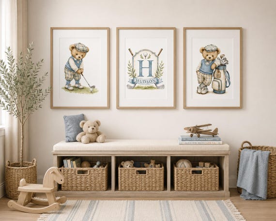 Golf Nursery Wall Art | Vintage Teddy Bear Golf Prints | Personalized Golf Monogram | Baby Boy Nursery Decor | Sports Nursery Prints