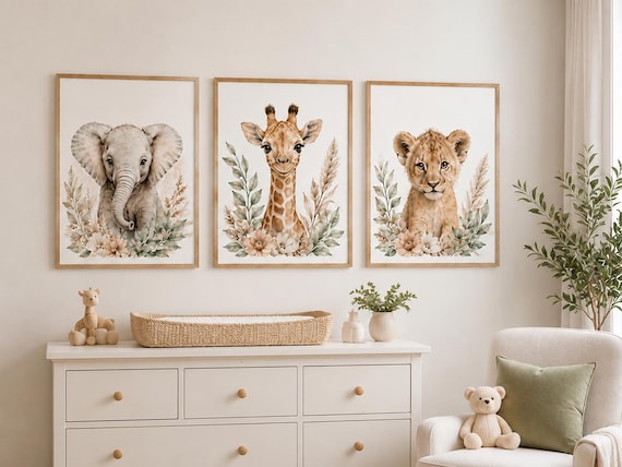 Safari Nursery Wall Art Set of 3, Elephant Lion Giraffe Prints, Neutral Boho Botanical Animal Nursery Decor