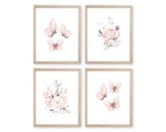 Butterfly Floral Nursery Print Set, Baby Girl Wall Decor, Blush Flowers and Butterfly Prints, Baby Girl Shower Gift, Butterfly Nursery