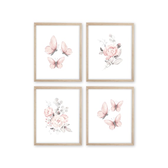 Butterfly Floral Nursery Print Set, Baby Girl Wall Decor, Blush Flowers and Butterfly Prints, Baby Girl Shower Gift, Butterfly Nursery