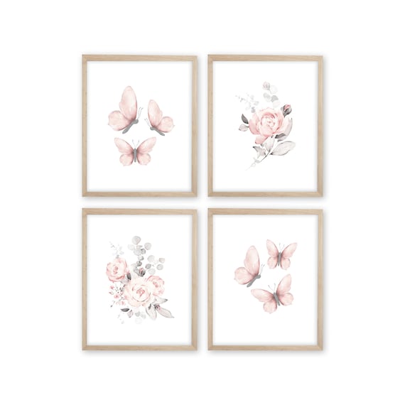 Butterfly Floral Nursery Print Set, Baby Girl Wall Decor, Blush Flowers and Butterfly Prints, Baby Girl Shower Gift, Butterfly Nursery