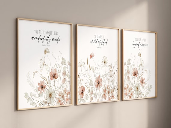 Christian Nursery Wall Art Set of 3: Natural Watercolor Floral Bible Verse Prints, Baby Girl Nursery Decor, Neutral Boho Nursery Wall Art