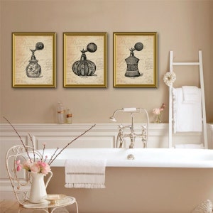 Vintage Parisian Perfume Bottle Trio. Perfume Bottle Art. Perfume Bottle Print. Bathroom Decor. Bathroom Wall Decor. Bathroom Art. (NS-772)