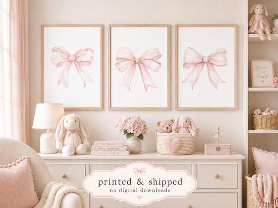 Pink Bow Nursery Wall Art Set of 3, Watercolor Coquette Girl Decor