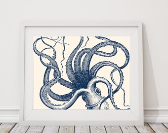 Octopus Art - Octopus Print - Nautical Decor - Nautical Nursery - Kraken Art - Kraken Print - Nautical bathroom - Kraken Decor (S-386)