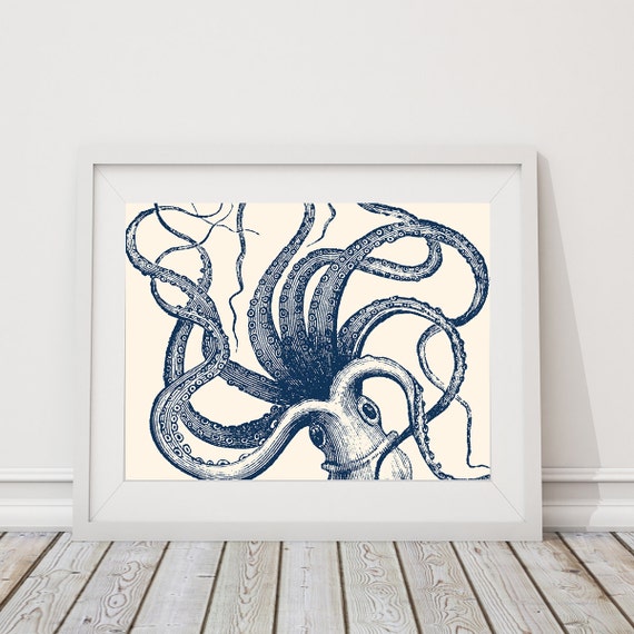 Octopus Art - Octopus Print - Nautical Decor - Nautical Nursery - Kraken Art - Kraken Print - Nautical bathroom - Kraken Decor (S-386)