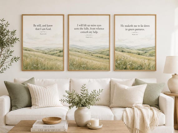 Christian Wall Art Set of 3, Psalm Bible Verse Prints, Neutral Watercolor Landscape Scripture Decor, Farmhouse Christian Home Decor