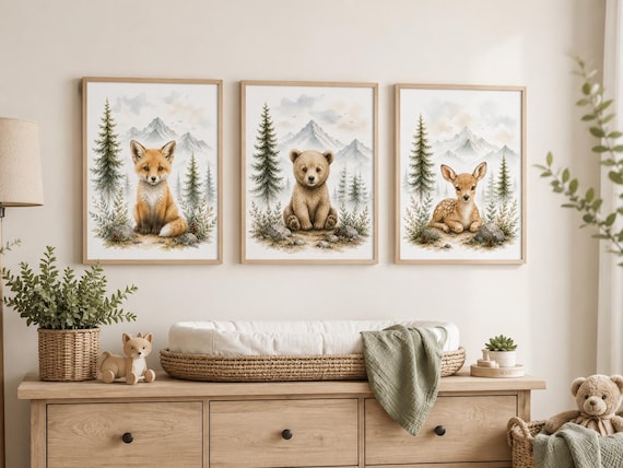 Woodland Animal Nursery Art Set, Fox Bear Deer Prints for Boys Room
