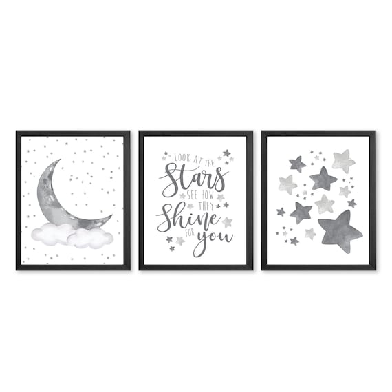 Set of 3 Stars and Moon Nursery Decor, Gender Neutral Nursery Decor, Stars and Moon Nursery Prints, Nursery Wall Decor, Bedroom Art Prints.