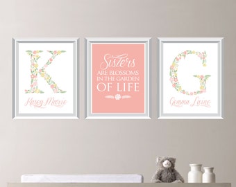 Twin Girls Nursery Art Print - Twin Nursery Art - Twin Nursery Decor - Sister Art - Flower Nursery Art - Flower Nursery Decor  (NS-699)