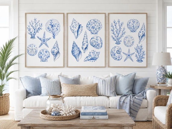 Blue Coastal Wall Art Set of 3, Chinoiserie Seashell Prints for Home, Beach Nursery Prints