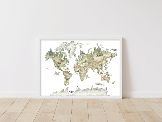 Animal World Map Print,, Woodland Animal Nursery Decor, Sage Green Nursery Decor, World Map Wall Art, Forest Nursery Decor, Forest Prints