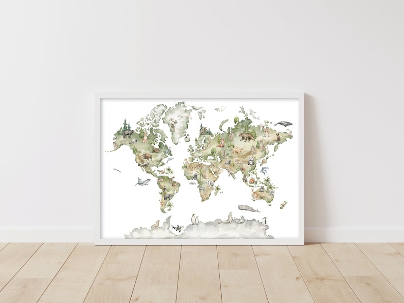 May include: A watercolor world map with various animals and plants from different continents. The map is printed on white paper and framed in a white frame.