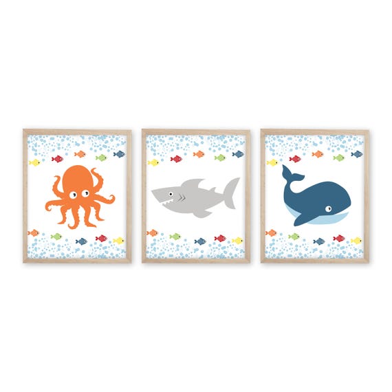 Boy Bathroom Art Print - Nautical Bathroom Art - Nautical Bath Art - Whale Bathroom Art - Shark Bath Art - Octopus Bath Art (NS-605)