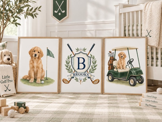 Personalized Golf Nursery Prints, Golden Retriever Set of 3