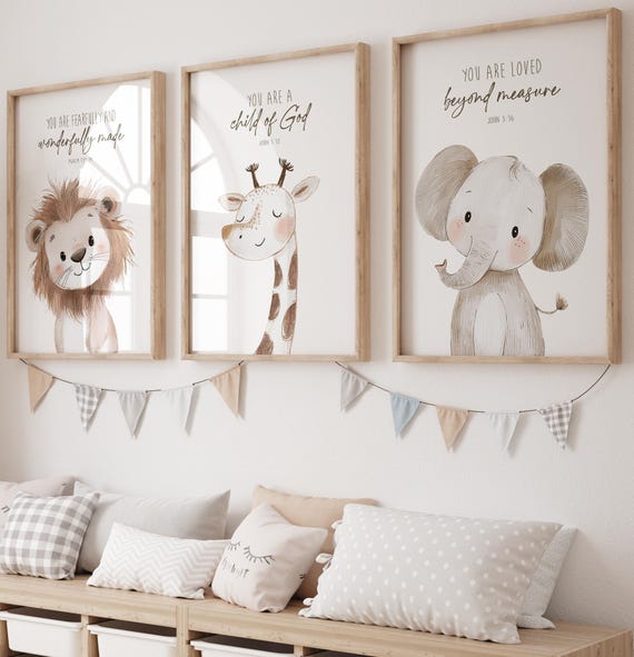 Safari Animal Bible Verse Nursery Art, Christian Nursery Decor, Nursery Scripture Art Prints, Gender Neutral Nursery, Jungle Nursery Art