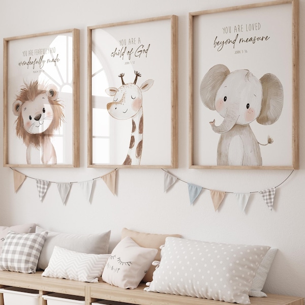 Láminas de animales de safari para guardería, versículos bíblicos, decoración de género neutro