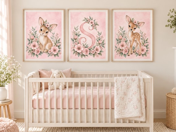Pink Woodland Nursery Prints Set of 3, Bunny Deer & Floral Initial, Personalized Girl Nursery Decor