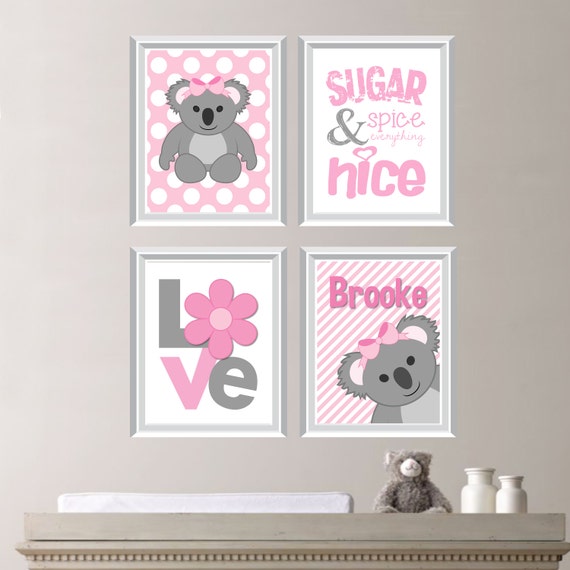 Baby Girl Nursery Art  Print - Koala Nursery Art - Koala Baby - Koala Nursery Decor - Koala Bedroom Art - Koala Bear - Pink Gray  (NS-241)