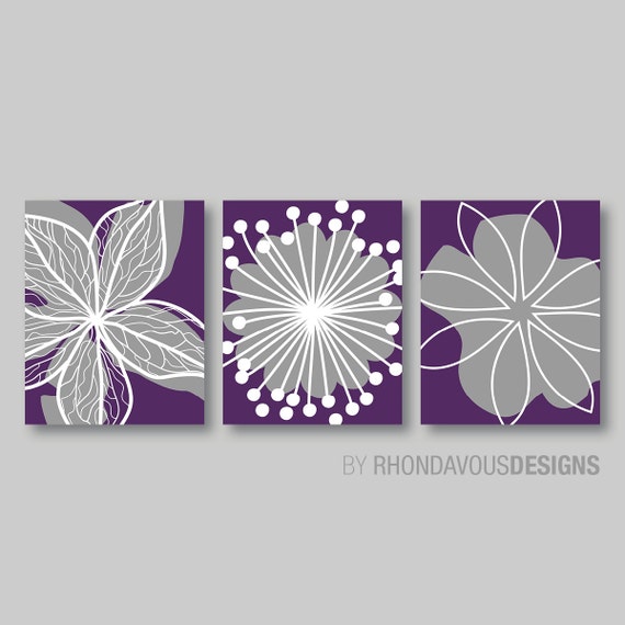 Purple Flower Print Trio - Home Decor. Wall Art. Bedroom Nursery Bathroom. Bedroom Art. Bedroom Decor. Bathroom Art. Purple Bath (NS-349)