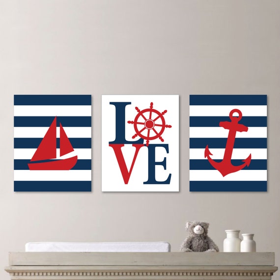 Baby Boy Nursery Art - Nautical Nursery Decor - Nautical Nursery Print -Nautical Nursery Art - Navy White Red - You Pick the Size 541