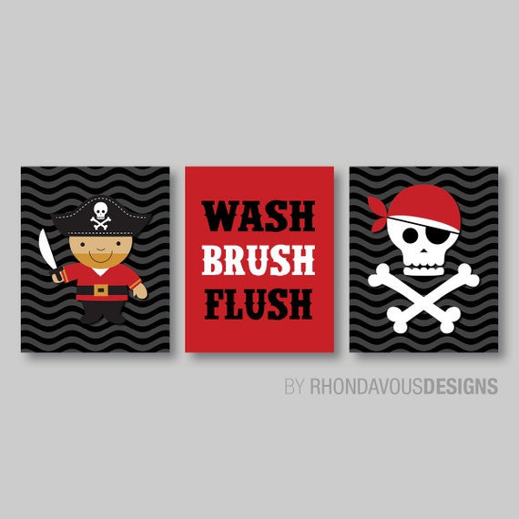 Kid Bathroom Art - Child Bathroom Art - Pirate Bathroom Art - Pirate Bathroom Decor - Bathroom Rules - Wash Brush - Black Red White (NS-373)