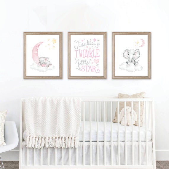 Girl Nursery Art Prints Set. Pink and Gray. Elephant Nursery, Twinkle Twinkle Little Star. Elephant Nursery Art. Nursery Print. Girl Bedroom