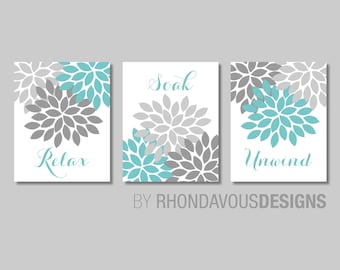 Relax Soak Unwind Floral Bathroom Art Prints, Teal Gray Decor