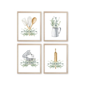 Watercolor Kitchen Prints Set: Eucalyptus & Utensils, Farmhouse Style