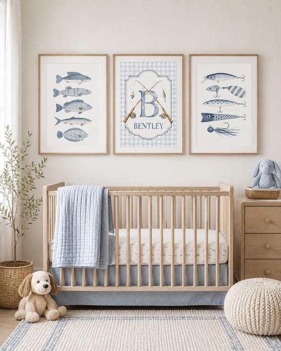 Personalized Fishing Nursery Wall Art Set of 3, Baby Boy Coastal Nautical Decor, Blue Fish Lure Prints, Custom Name Initial