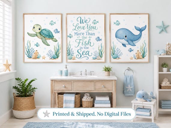 Kids Bathroom Wall Art Set of 3, Ocean Animal Prints, Whale Turtle Fish Decor, Under the Sea, Love You More Than All the Fish