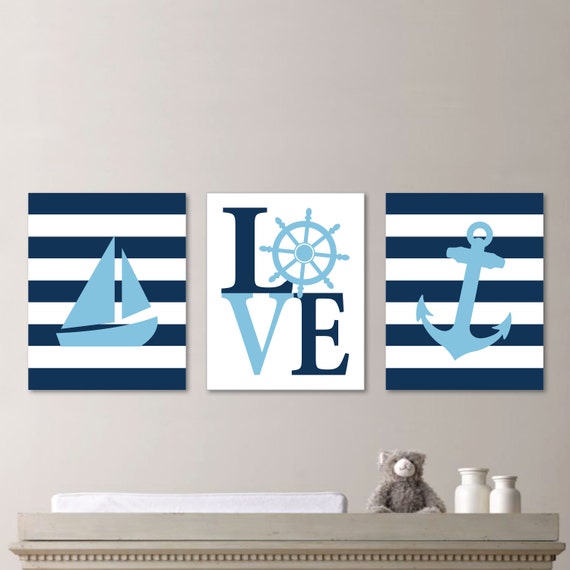 Baby Boy Nursery Art - Nautical Nursery Decor - Nautical Nursery Print -Nautical Nursery Art - Navy White Lt Blue. Nautical Bedroom. NS-540