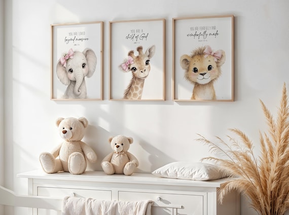 Christian Baby Girl Nursery Wall Art Set of 3: Pink Safari Animal Bible Verse Prints, Safari Nursery Decor, Scripture Nursery Art