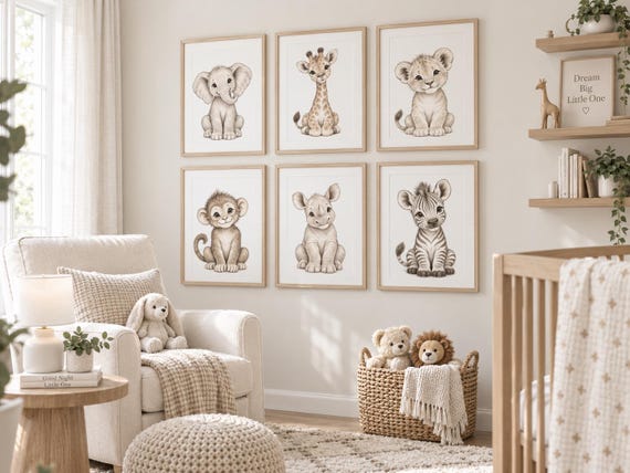 Safari Nursery Wall Art Set of 6, Neutral Baby Animal Prints, Jungle Animals