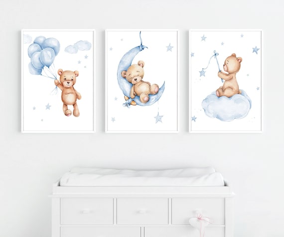 Boy Teddy Bear Prints Set of 3, Bear Nursery Decor, Baby Boy Prints, New Baby Print, Blue Nursery Decor, Balloon Nursery Decor, Boy Decor