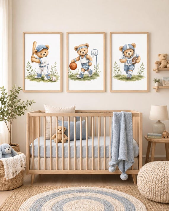 Teddy Bear Sports Nursery Wall Art Set of 3, Blue Baseball Football Basketball Prints, Boy Room Decor, Baby Shower Gift