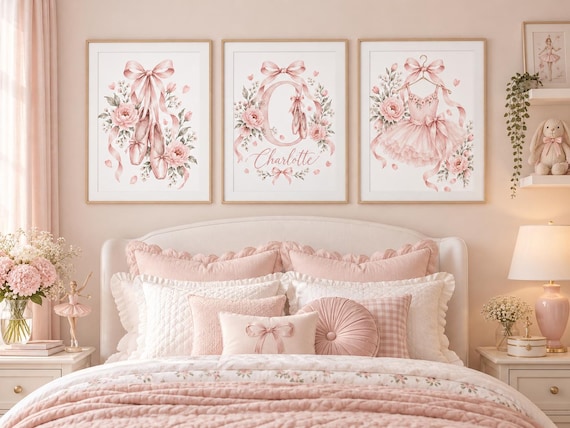 Personalized Ballerina Wall Art Set of 3, Pink Ballet Nursery Prints, Custom Name Girls Room Decor, Floral Tutu Art
