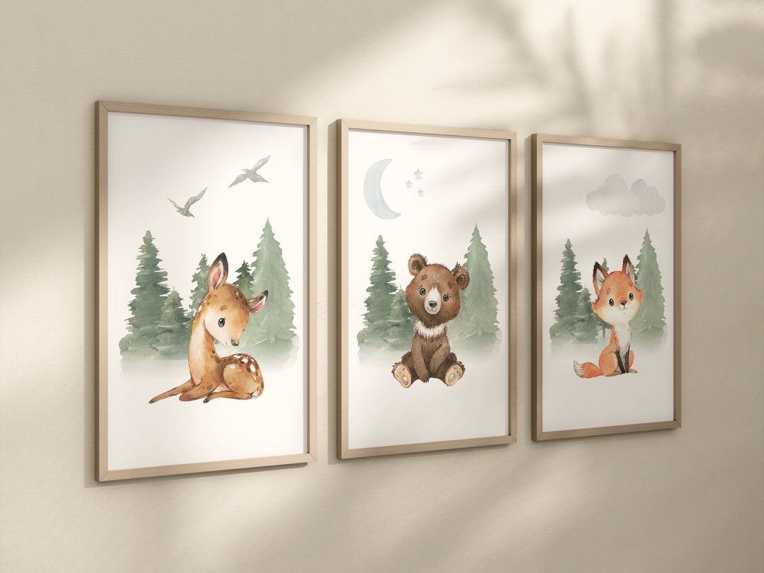 Woodland Animal Nursery Wall Art Set of 3 | Deer Bear Fox Nursery ...