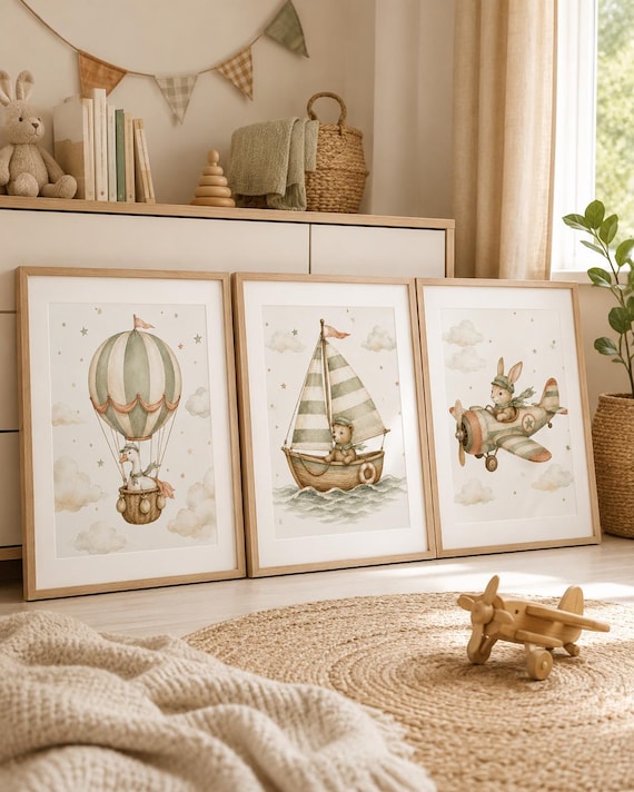 Vintage Transportation Nursery Wall Art Set of 3, Airplane Sailboat Hot Air Balloon Prints, Adventure Baby Boy Room Decor