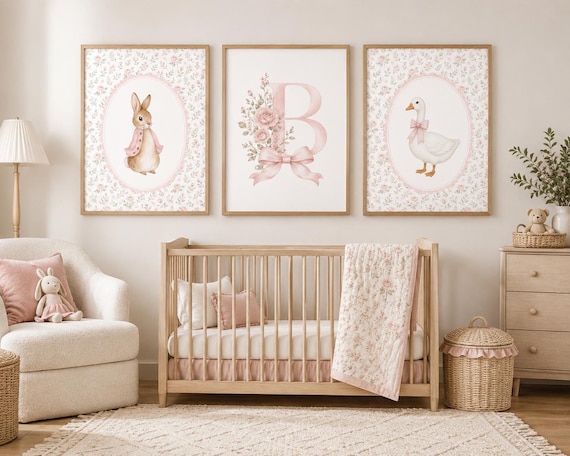 Storybook Nursery Wall Art Set | Personalized Monogram Name Print | Bunny Rabbit & Goose Nursery Decor | Pink Floral Cottage Nursery Prints