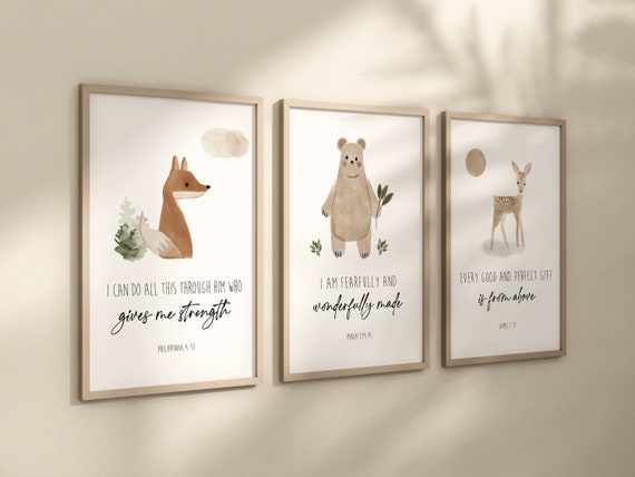 Woodland Animal Nursery Print Set, Bible Verse Art, Boho Decor