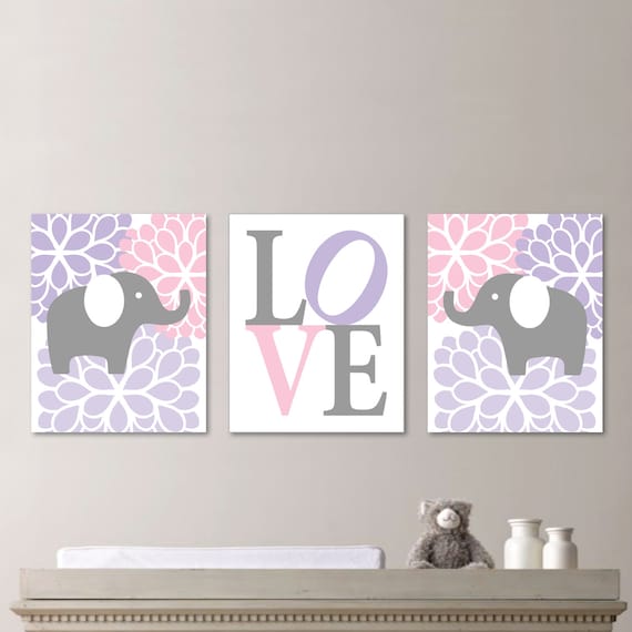 Baby Girl Nursery Art - Flower Elephant Nursery Decor - Kids Wall Art - Elephant Nursery - Flower Nursery - Purple Pink (NS-548)