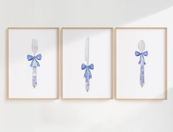 Blue Chinoiserie Kitchen Wall Art Set of 3, Fork Knife Spoon Prints, Blue Bow Kitchen Decor, French Country Dining Room Art