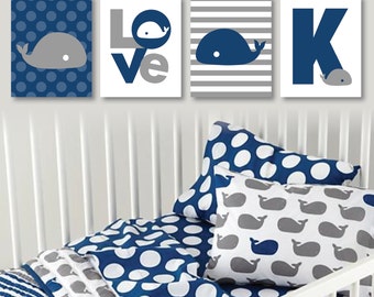 Set de láminas decorativas para habitación infantil con temática de ballenas, decoración náutica (elige lienzo o papel fotográfico)